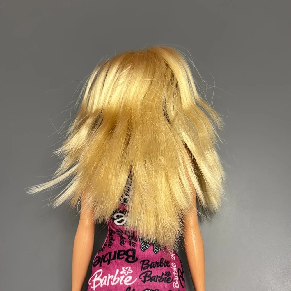 Barbie Doll Blonde Hair Blue Eyes Asymmetric dress high heels-FLAW: chopped hair